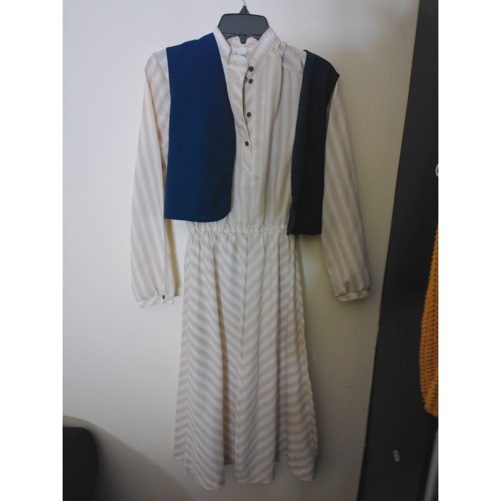 Unbranded Striped Midi Dress Women S Cream Tan VINTAGE Vest Accent Academia